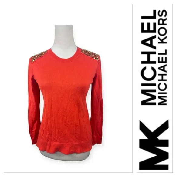 Michael Kors Orange sweater with gold studs in shoulder size small - Picture 1 of 12